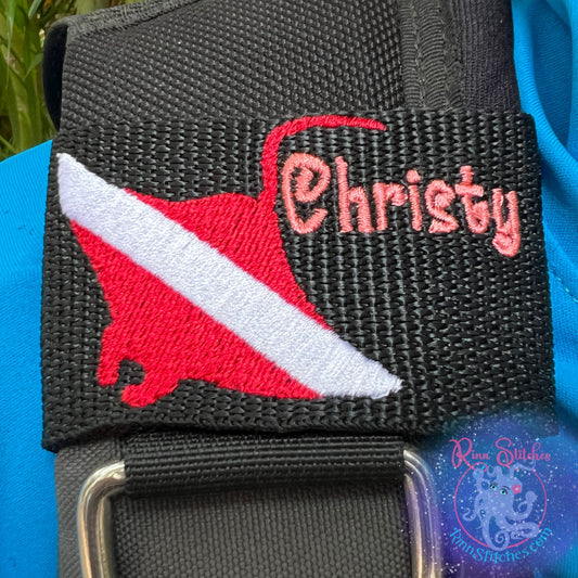 Dive Flag Manta Ray Personalized BCD Tag By Rinn Stitches on Maui, Hawaii 