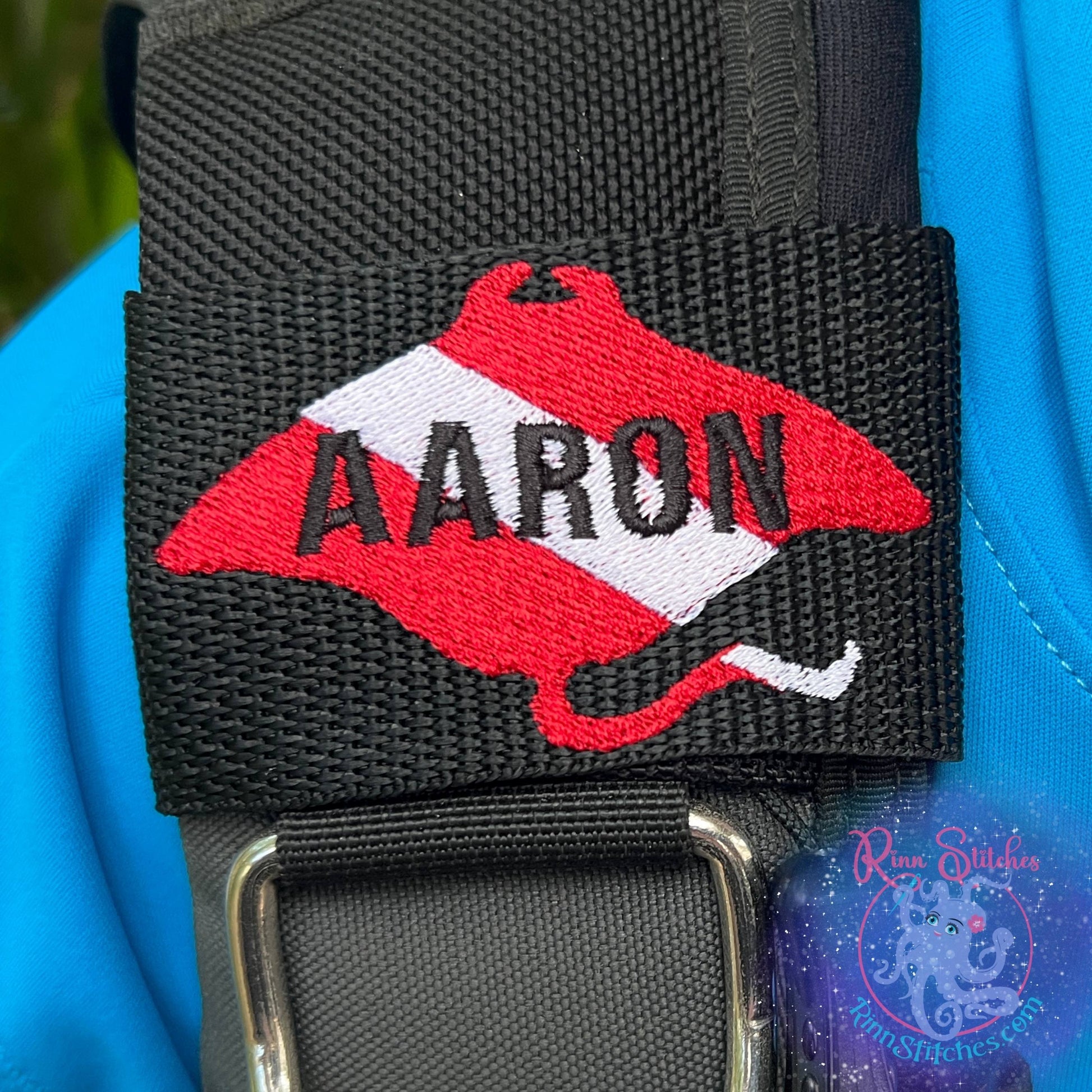 Dive Flag Manta Ray Silhouette Personalized BCD Tag By Rinn Stitches on Maui, Hawaii