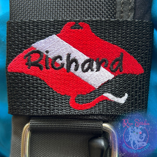 Dive Flag Manta Ray Silhouette Personalized BCD Tag By Rinn Stitches on Maui, Hawaii