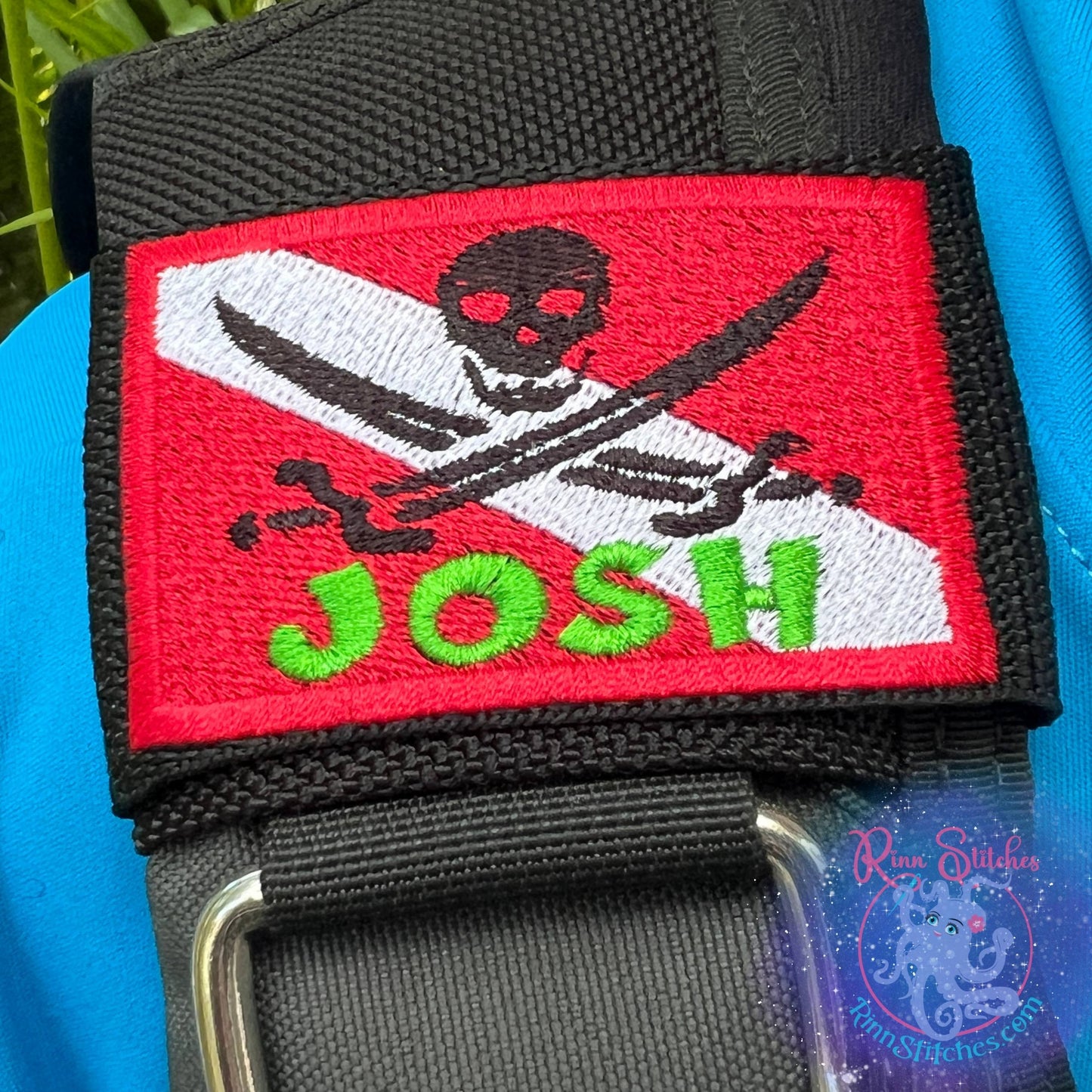 Pirate Dive Flag Personalized BCD Tag By Rinn Stitches on Maui, Hawaii