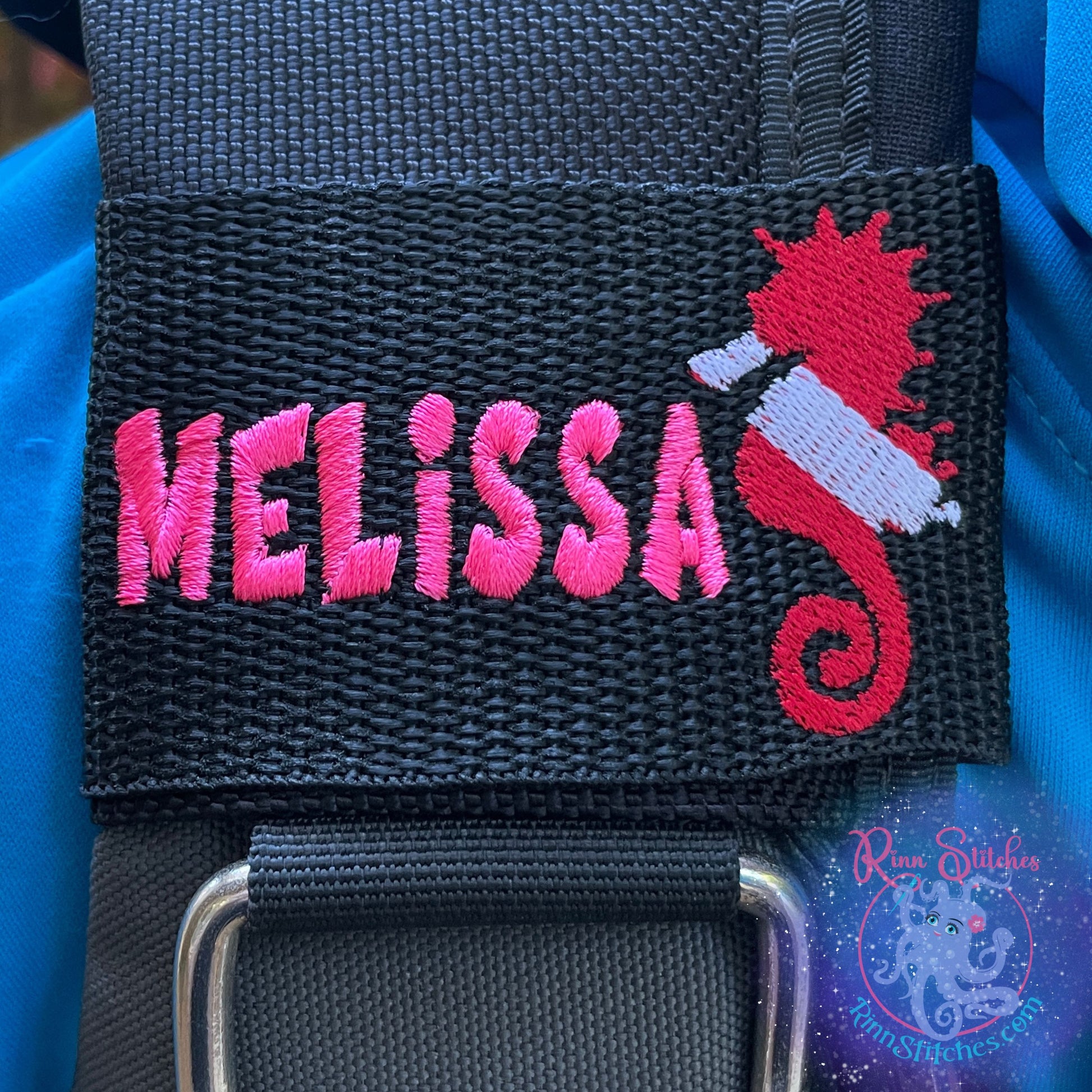 Embroidered Red and White dive flag in the shape of a seahorse personalized with the name Melissa in neon pink thread. Made by Rinn Stitches in Maui, Hawaii