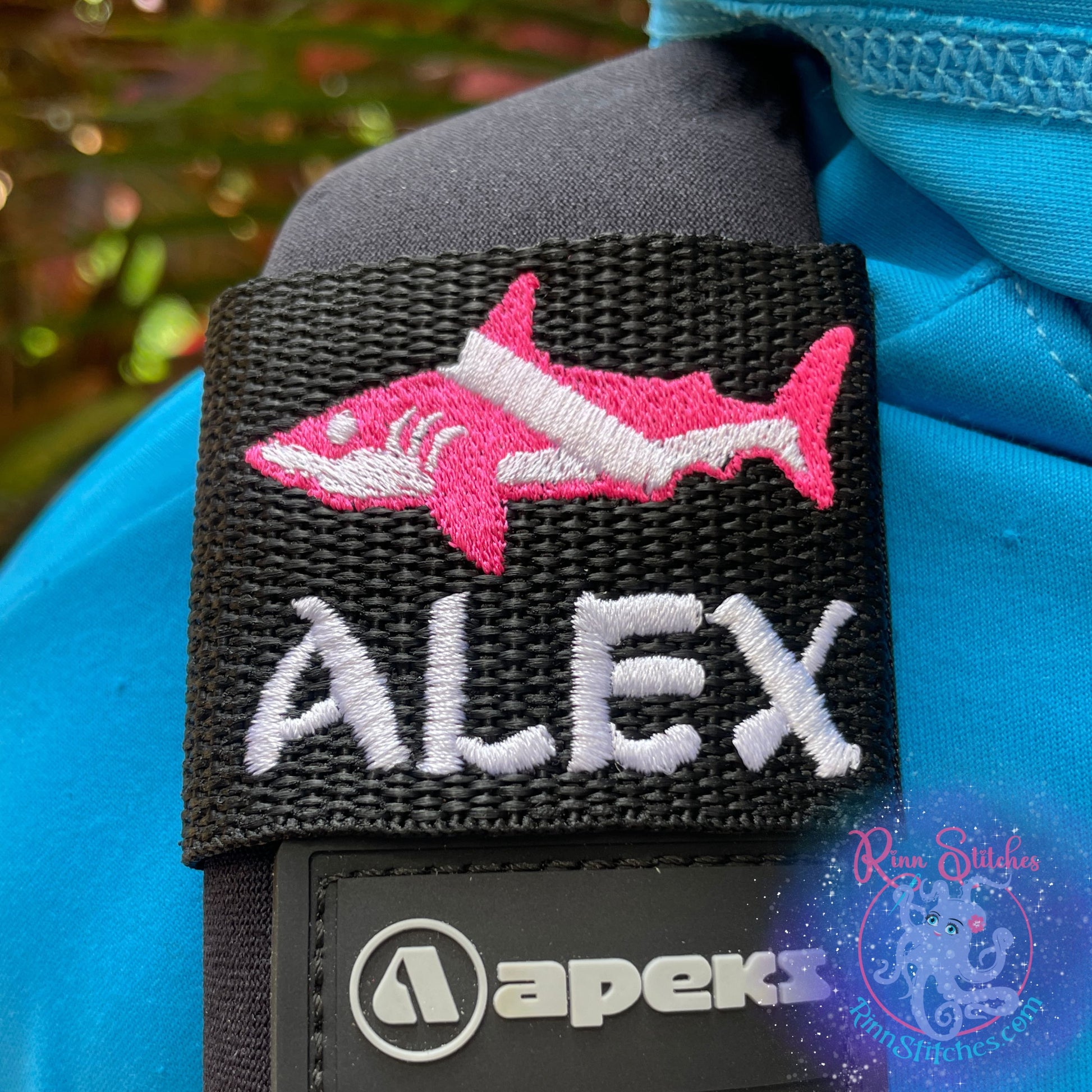 Dive Flag Shark Personalized BCD Tag by Rinn Stitches on Maui, Hawaii - Back Plate and Wing Size with Neon Pink Dive Flag Shark