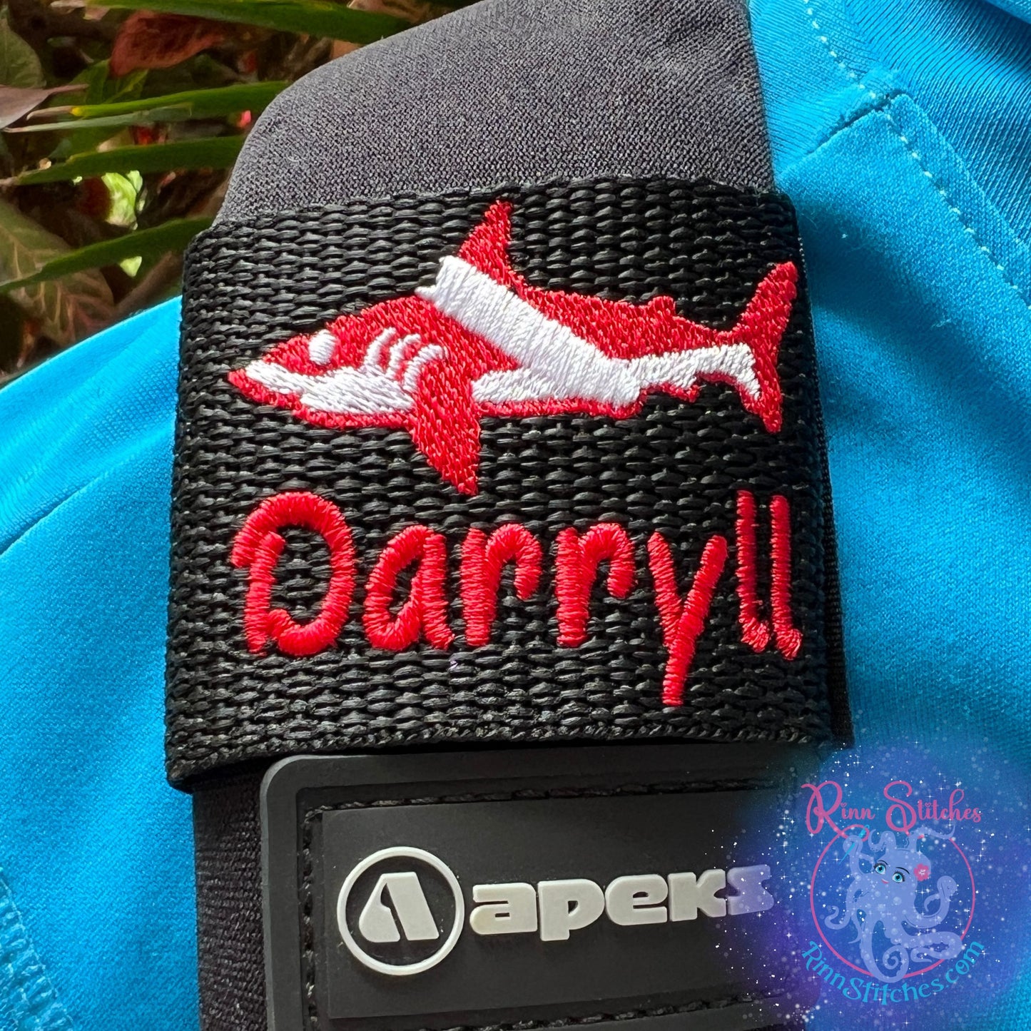 Dive Flag Shark Personalized BCD Tag by Rinn Stitches on Maui, Hawaii - Back Plate and Wing Size