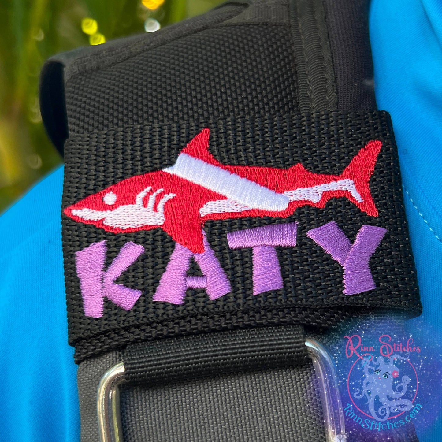 Dive Flag Shark Personalized BCD Tag by Rinn Stitches on Maui, Hawaii