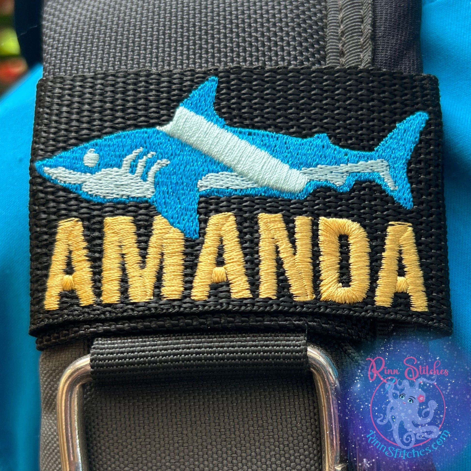 Dive Flag Shark Personalized BCD Tag by Rinn Stitches on Maui, Hawaii - Ocean and Silver Colors