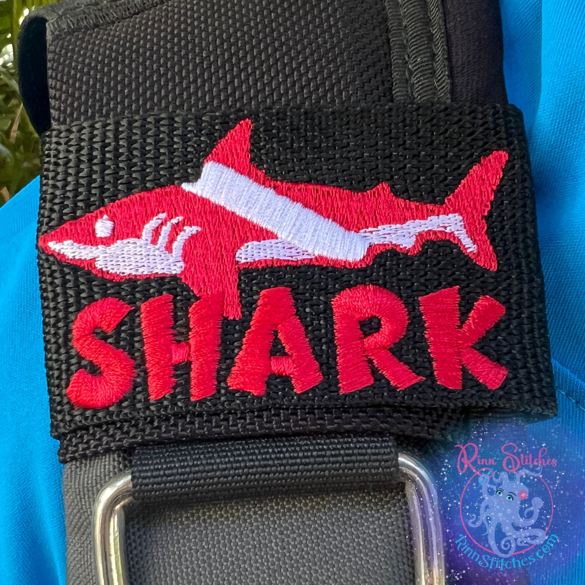 Dive Flag Shark Personalized BCD Tag by Rinn Stitches on Maui, Hawaii