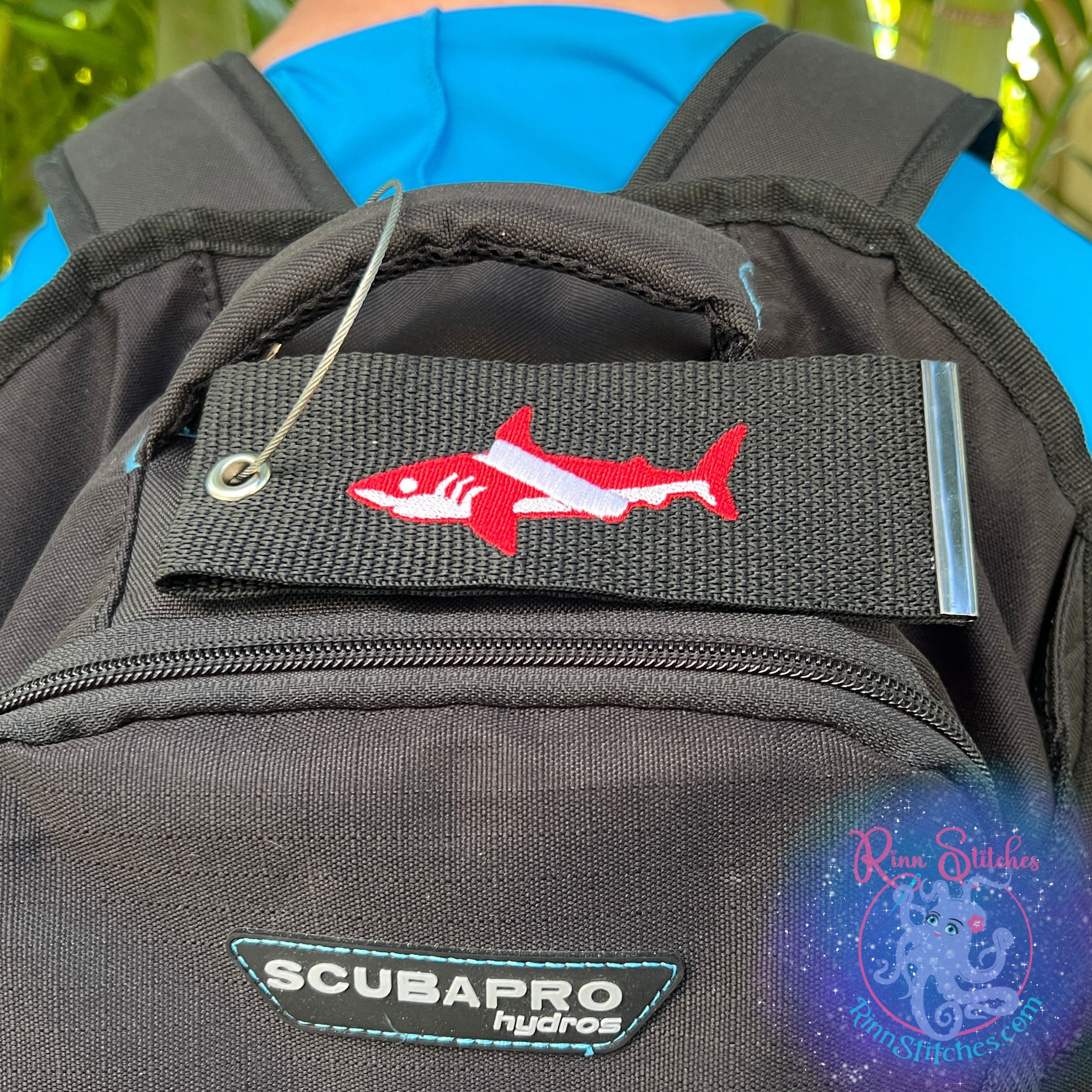 Dive Flag Shark Luggage Tag, Personalized Embroidered Bag Tag for all your Travel needs by Rinn Stitches on Maui, Hawaii
