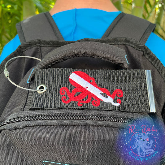 Dive Flag Octopus Luggage Tag, Personalized Embroidered Bag Tag for all your Travel needs - Embroidered with personalization by Rinn Stitches Creative & Unique Embroidery on Maui, Hawaii