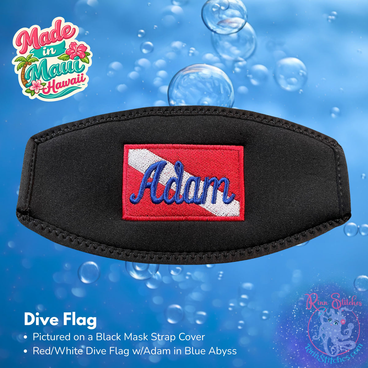 A black neoprene mask strap cover with an embroidered red/white dive flag with Adam in blue abyss. 