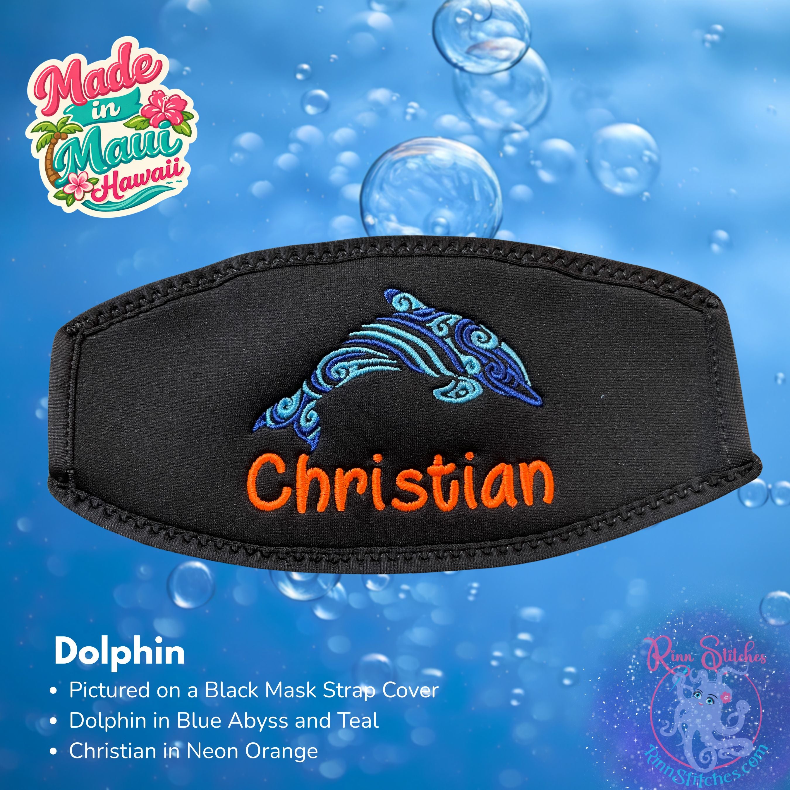 A black neoprene mask strap cover with black piping and an embroidered Tribal Manta with Christian in Neon Orange.