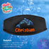 A black neoprene mask strap cover with black piping and an embroidered Tribal Manta with Christian in Neon Orange.