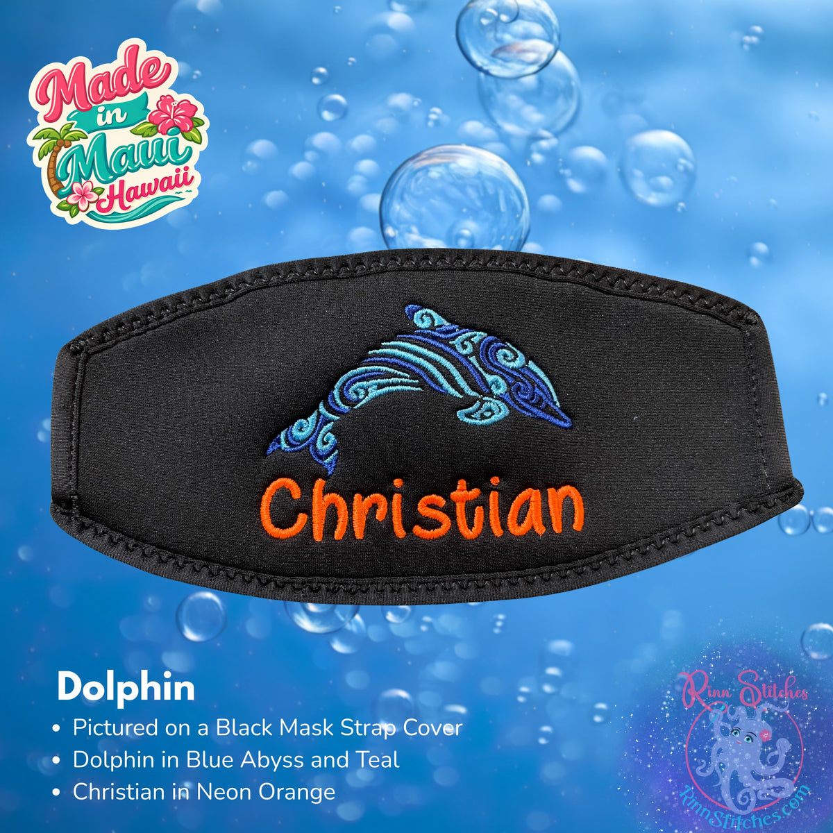 A black neoprene mask strap cover with black piping and an embroidered Tribal Manta with Christian in Neon Orange.