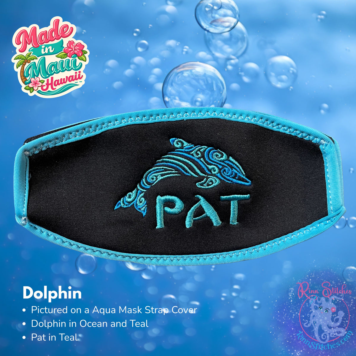 A black neoprene mask strap cover with aqua piping and an embroidered Tribal Manta with Pat in Teal.
