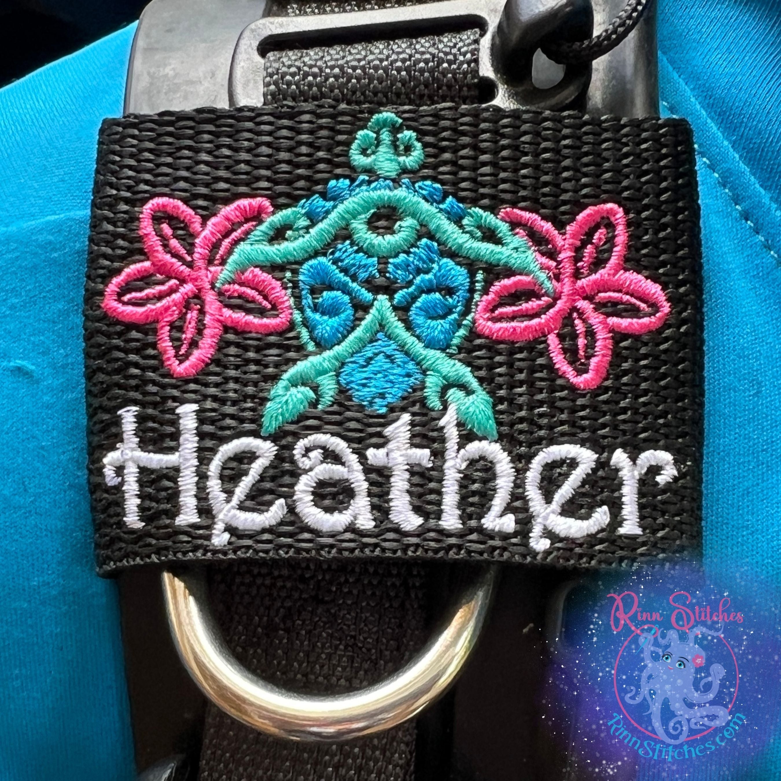 Hawaiian Sea Turtle (Honu) Tiki with Plumerias Personalized BCD Tag by Rinn Stitches on Maui, Hawaii - Small BCD Jacket Size (Scuba Pro Hyrdros, Zeagle Zena) 