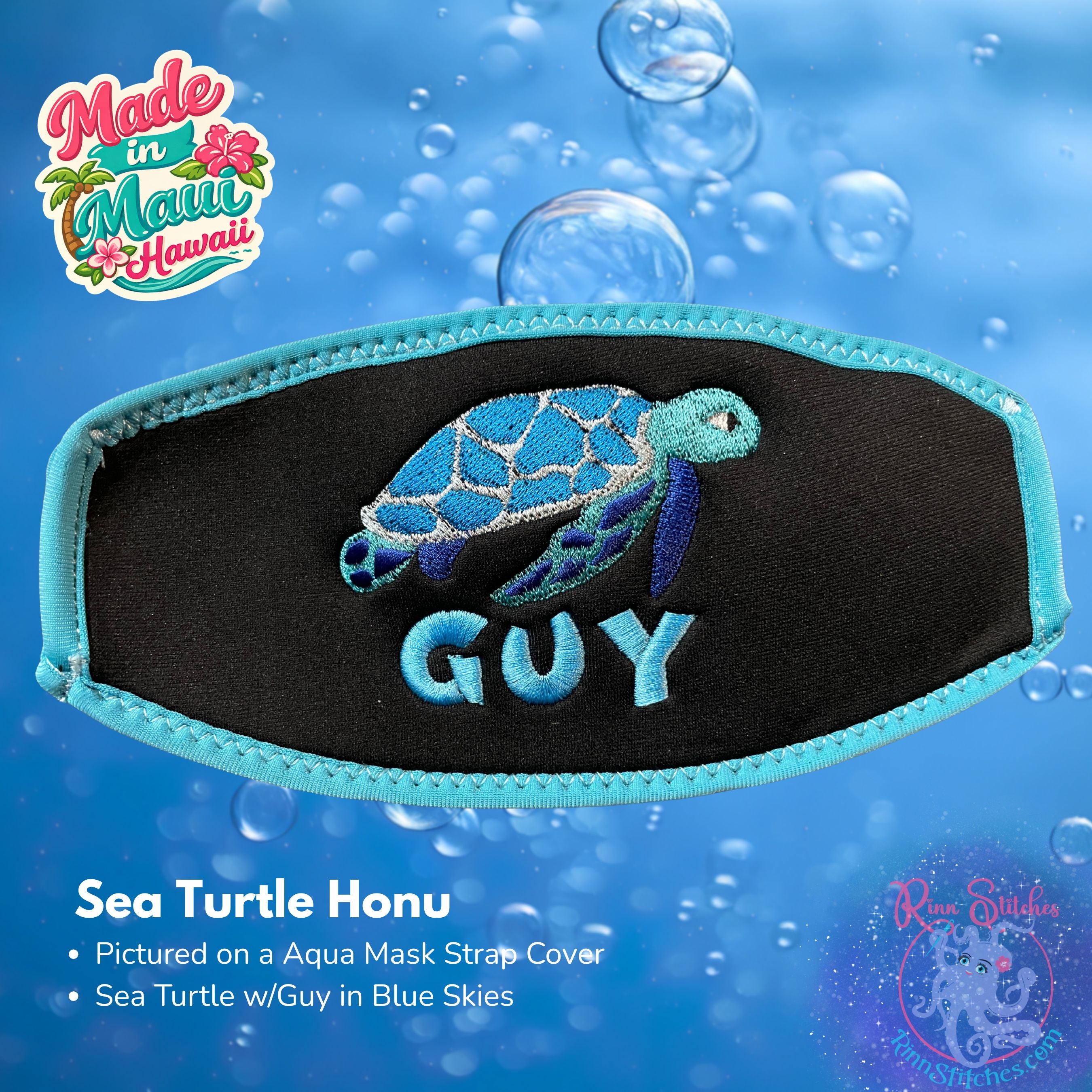 A black neoprene mask strap cover with aqua piping and an embroidered Sea Turtle with Guy in blue skies. 
