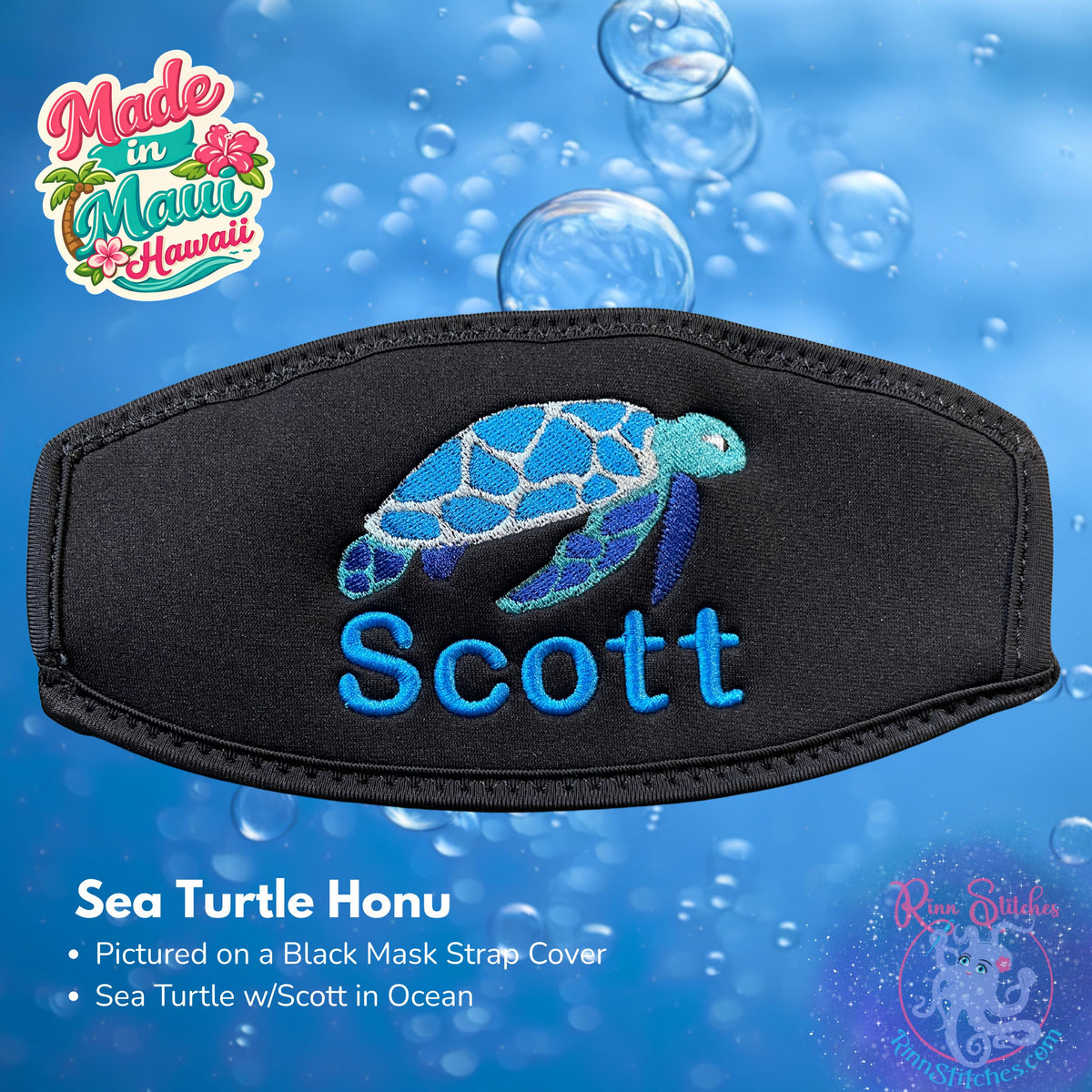 A black neoprene mask strap cover with black piping and an embroidered Sea Turtle with Scott in ocean. 