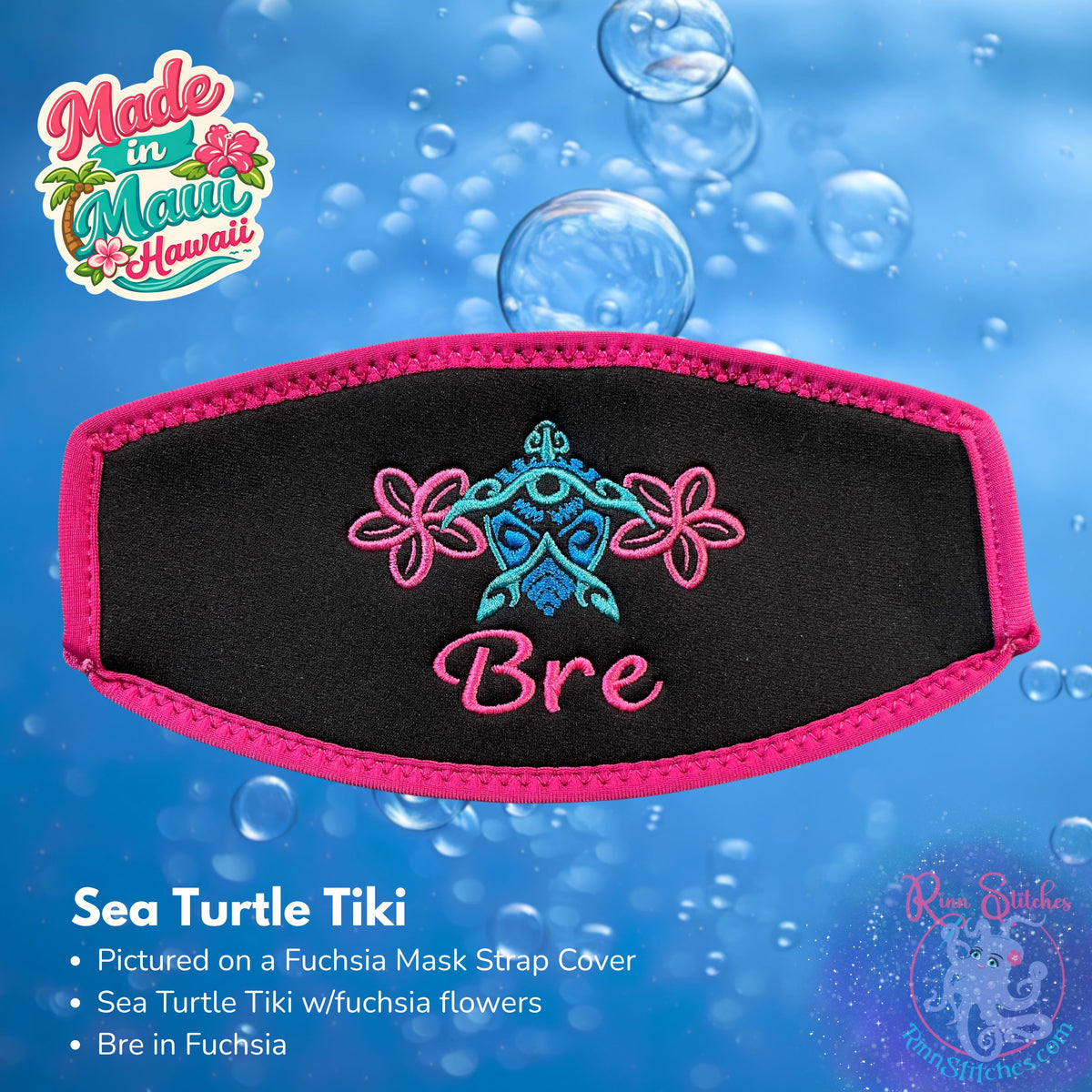 A black neoprene mask strap cover with fuchsia piping and an embroidered Sea Turtle Tiki with Bre in fuchsia.