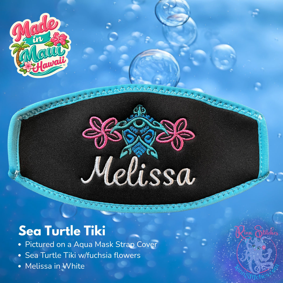 A black neoprene mask strap cover with aqua piping and an embroidered Sea Turtle Tiki with Melissa in White.