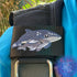 Embroidered BCD Tag with Mama and Baby Humpback whales on Black Polypropylene webbing attached to a Scuba Diving BCD. Designed and manufactured by Rinn Stitches on Maui, Hawaii