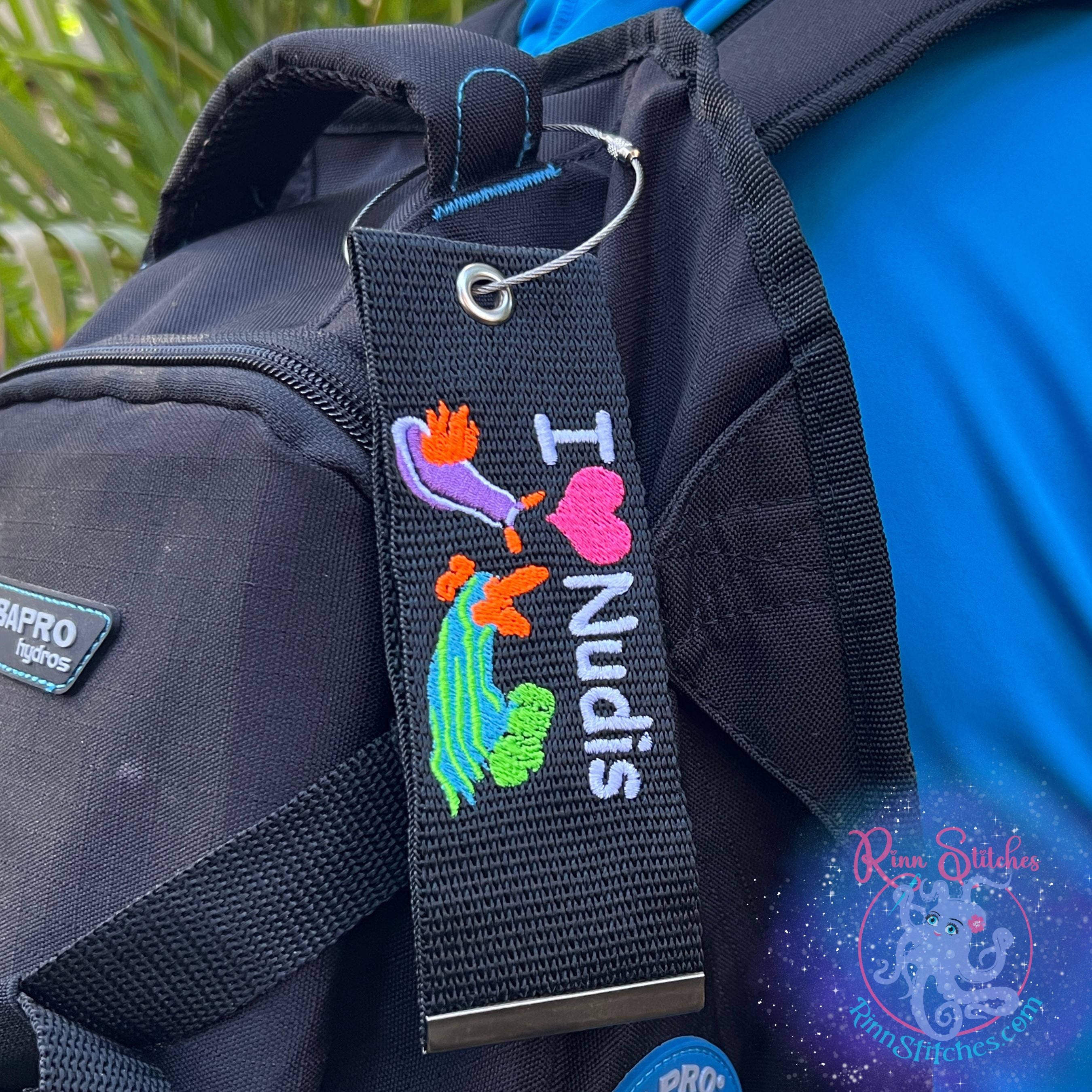 I ❤️ Nudis - Nudibranch Luggage Tag, Personalized Embroidered Bag Tag for all your Travel needs by Rinn Stitches on Maui, Hawaii