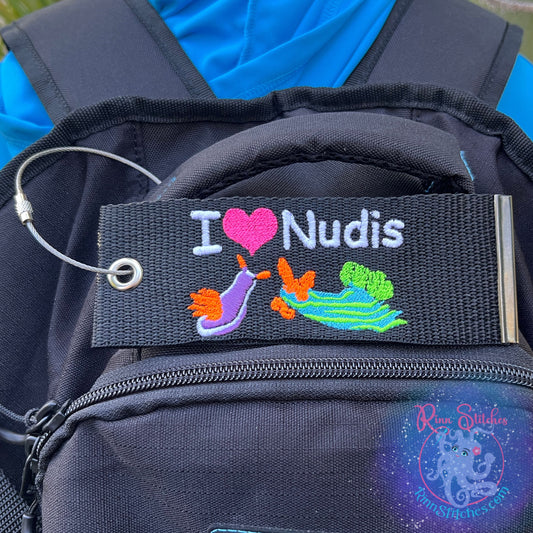 I ❤️ Nudis - Nudibranch Luggage Tag, Personalized Embroidered Bag Tag for all your Travel needs by Rinn Stitches on Maui, Hawaii