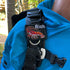 Embroidered BCD Tag featuring a red and orange spiny lobster design and the name Rich embroidered in white thread. Small Jacket size shown on a Scuba Pro Hydros BCD. Made by Rinn Stitches on Maui, Hawaii