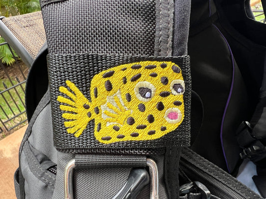 Bright Yellow Boxfish Design Embroidered BCD tag made by Rinn Stitches Creative & Unique Embroidery on Maui, Hawaii