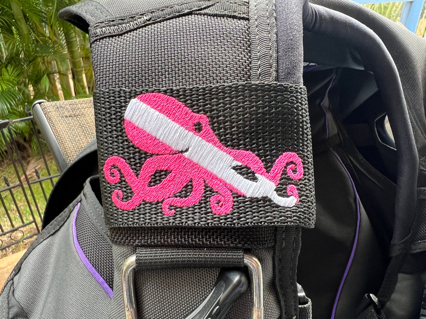 Dive Flag Octopus (Tako) BCD Tag Pink and White Dive Flag on Black Polypropylene Webbing