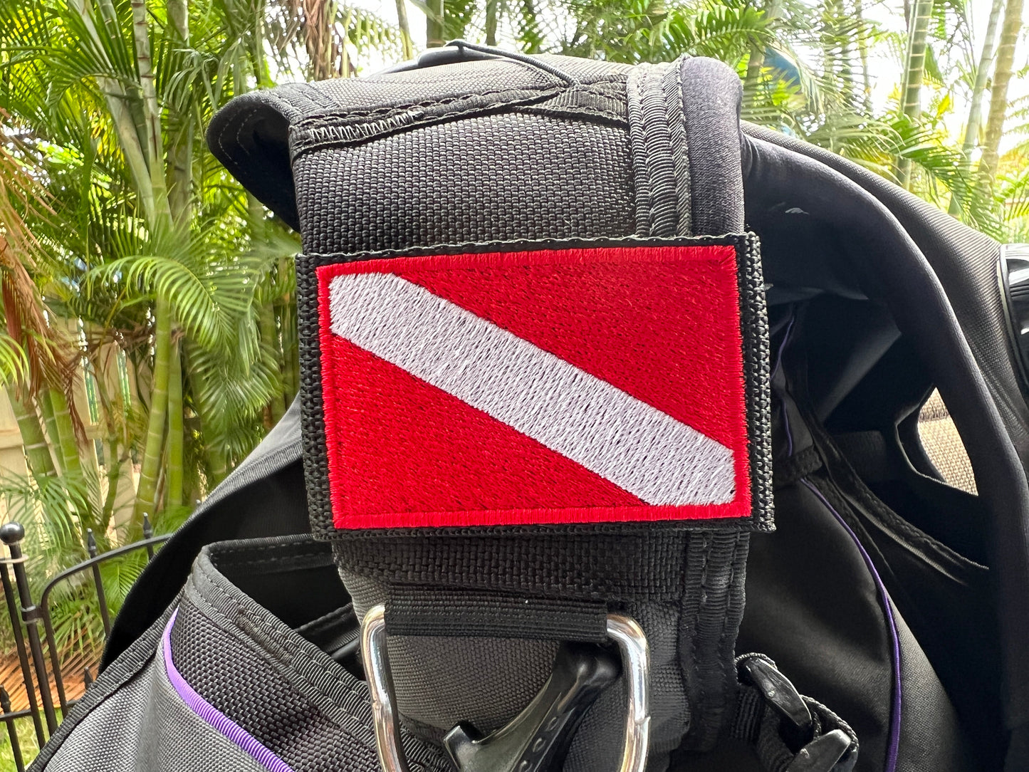 Red & White Dive Flag Embroidered BCD tag made by Rinn Stitches Creative & Unique Embroidery on Maui, Hawaii