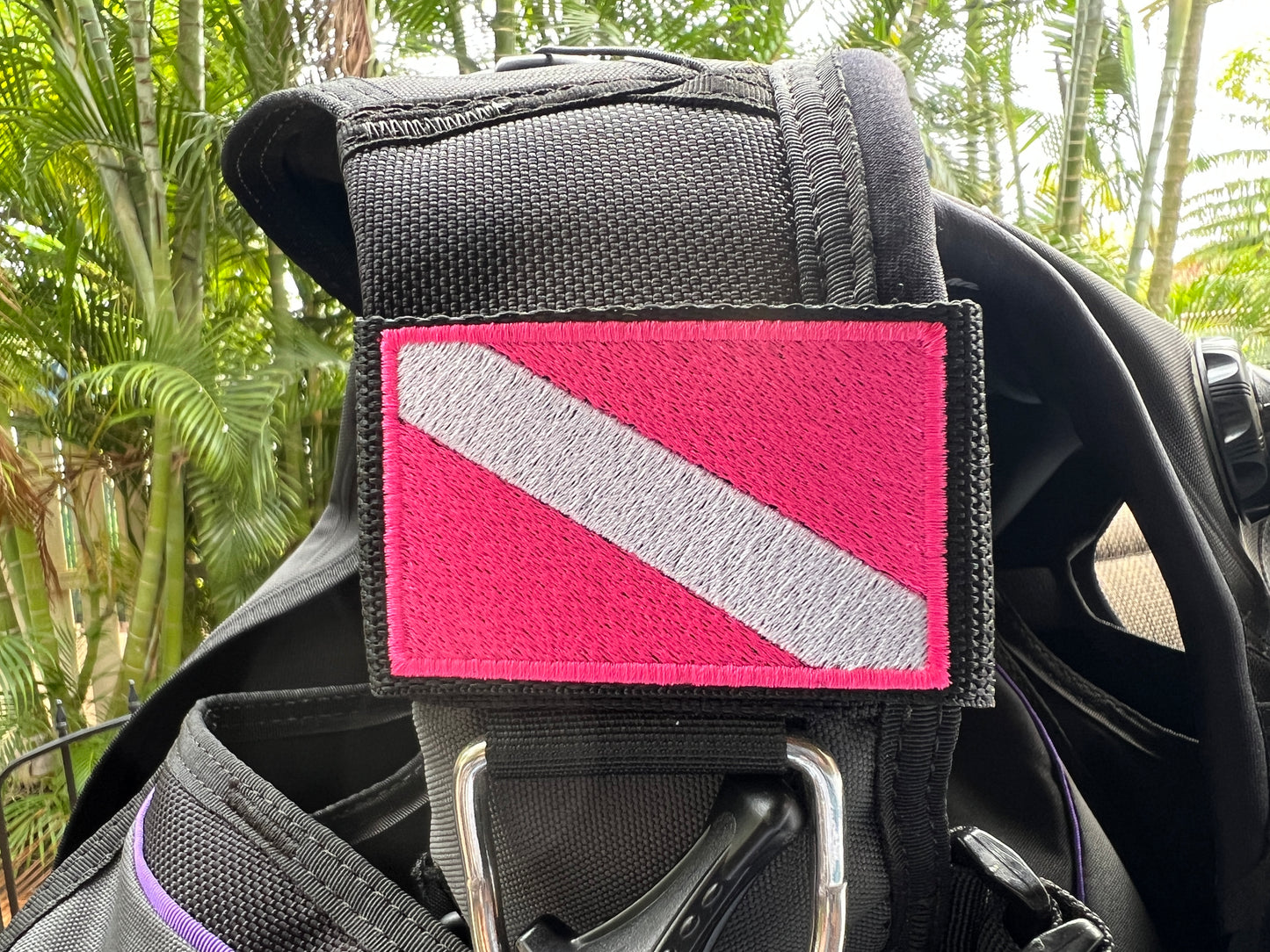 Pink Dive Flag Embroidered BCD Identification Tag by Rinn Stitches Creative and Unique Embroidery Maui Hawaii