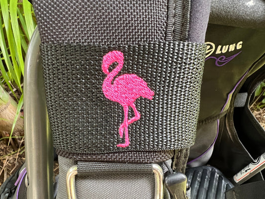 Flamingo Embroidered BCD tag made by Rinn Stitches Creative & Unique Embroidery on Maui, Hawaii