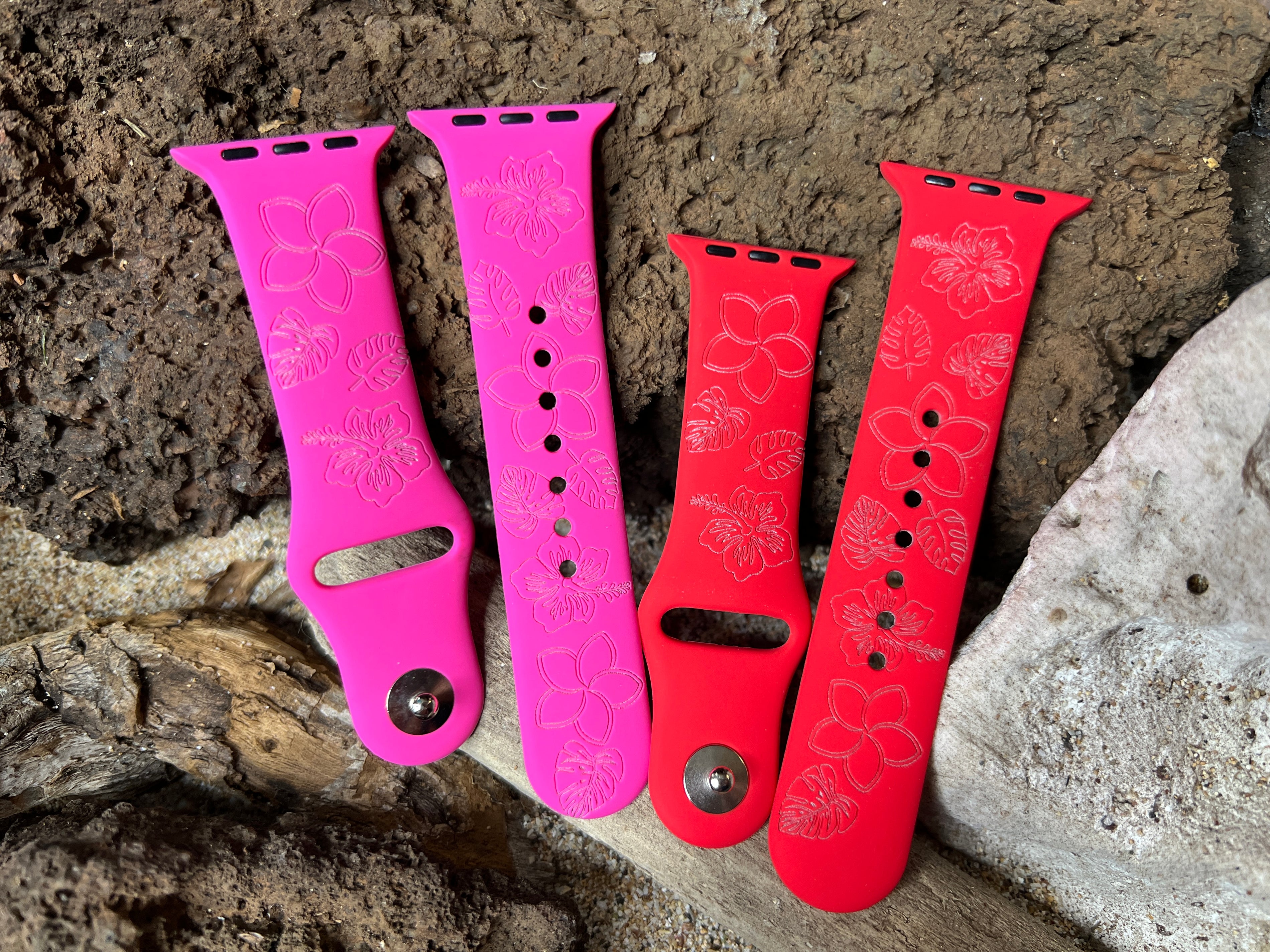 Hibiscus & Plumeria Flower Pattern Silicone Apple Watch Band - Laser Engraved Tropical Design
