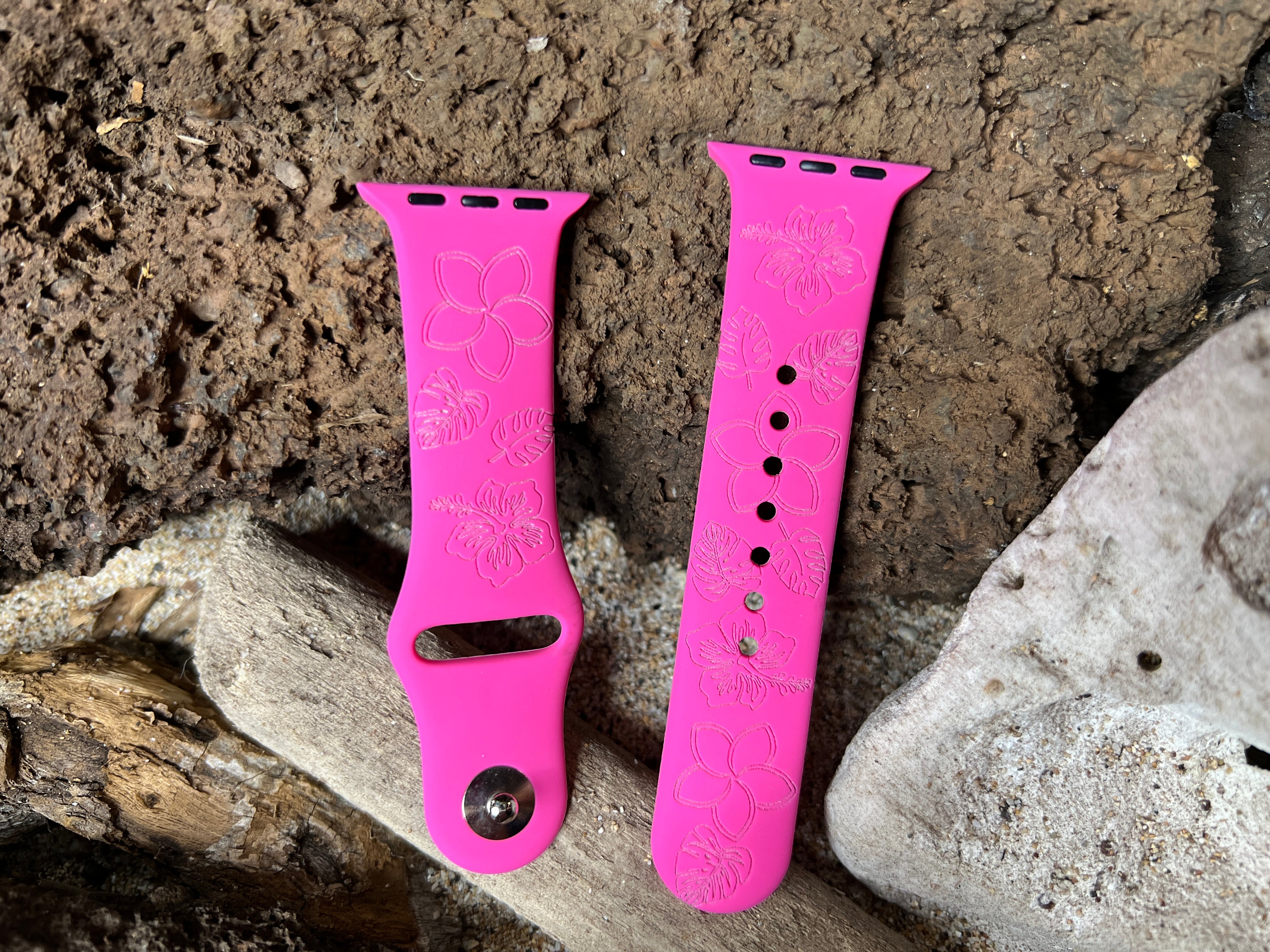 Hibiscus & Plumeria Flower Pattern Silicone Apple Watch Band - Laser Engraved Tropical Design