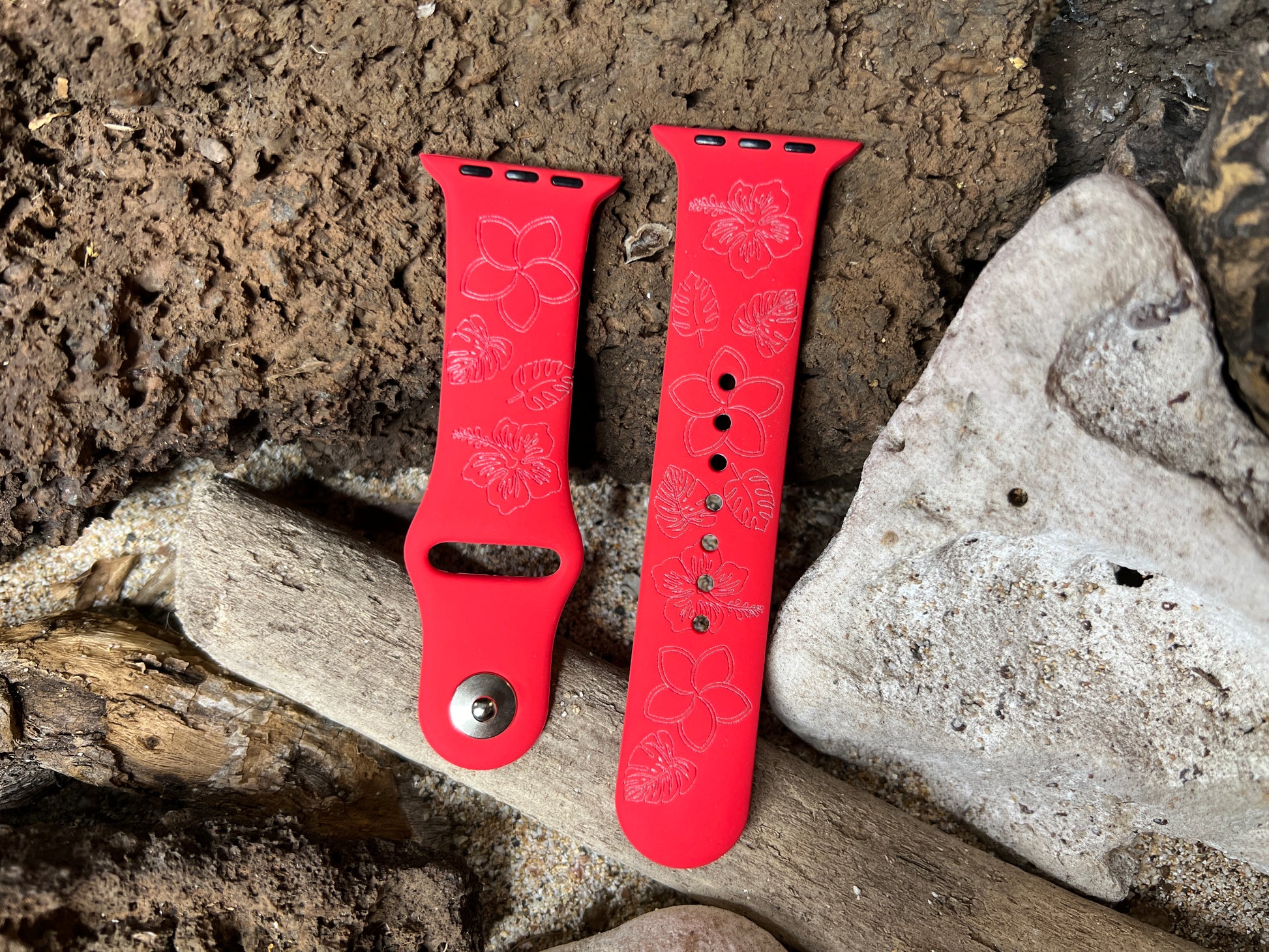 Hibiscus & Plumeria Flower Pattern Silicone Apple Watch Band - Laser Engraved Tropical Design