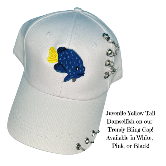 Juvenile Yellow Tail Damsel Fish Blingy Cap in white, also available in pink or black at RinnStitches.com