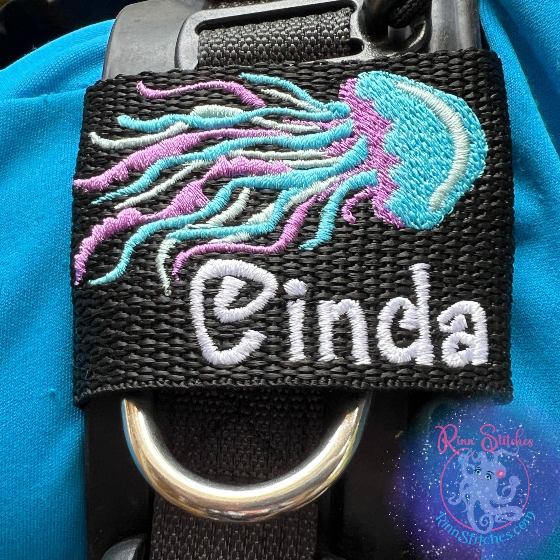 Jellyfish Personalized BCD Tag By Rinn Stitches on Maui, Hawaii - Small BCD Jacket Size - Scuba Pro Hydros - Zeagle Zena