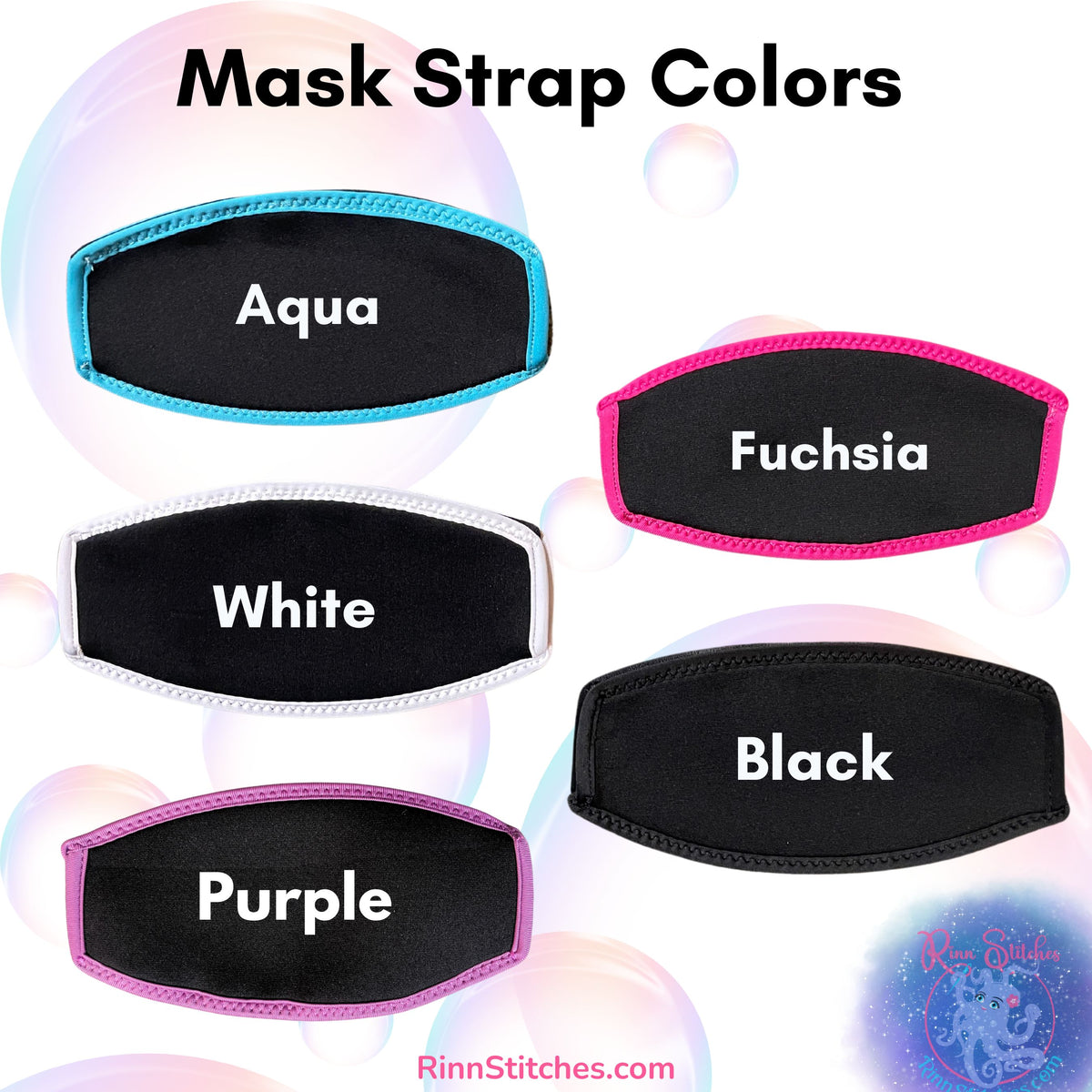 Mask strap color options with labels on a white background