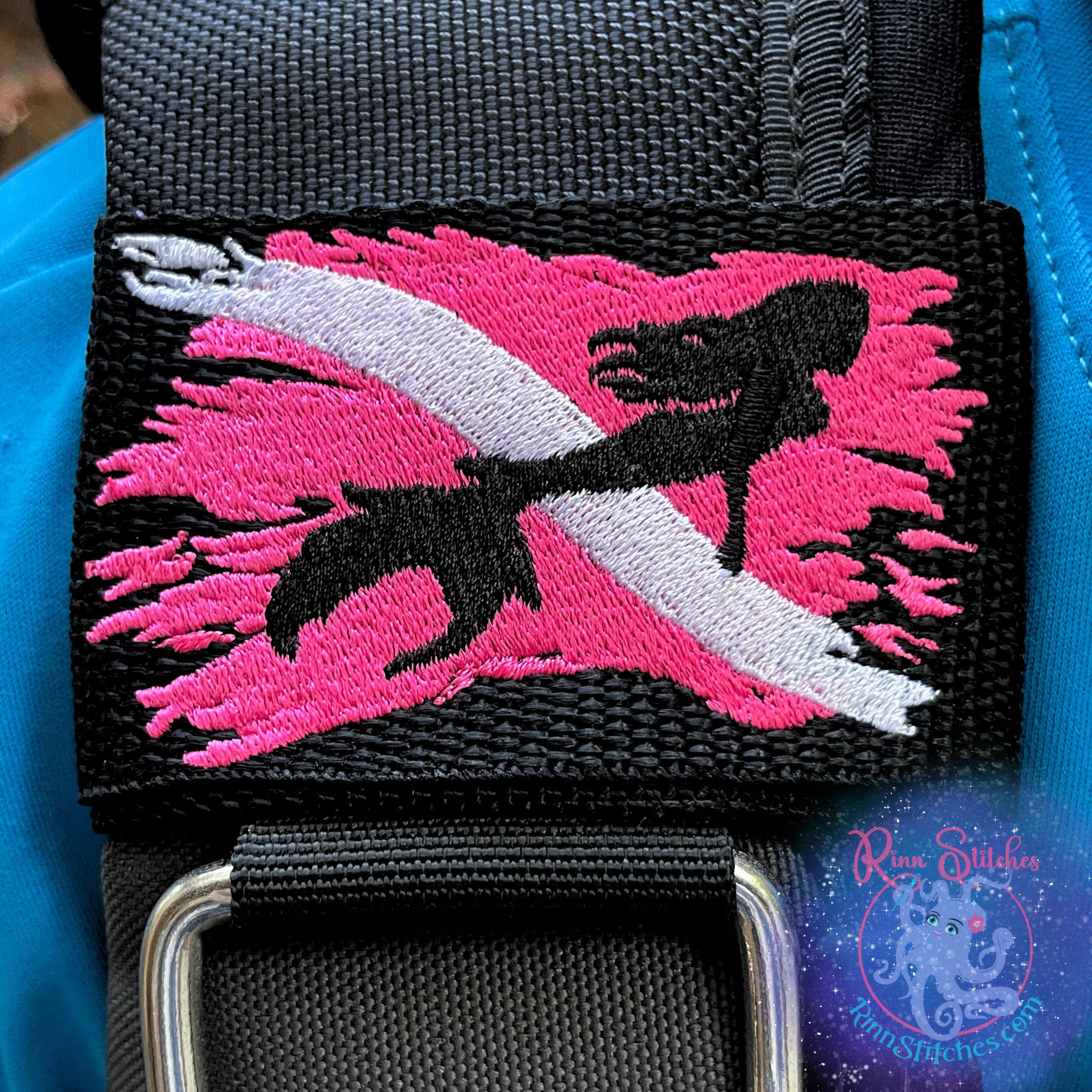Neon Pink and white dive flag embroidered design with a black mermaid silhouette in the middle of the flag. Made by Rinn Stitches in Maui, Hawaii