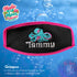A personalized black mask strap cover with neon pink piping border, featuring an embroidered teal and neon pink octopus and the name 'Tammy' in white. The product is shown against a blue bubbly background with a 'Made in Maui Hawaii' logo and descriptive text overlay.