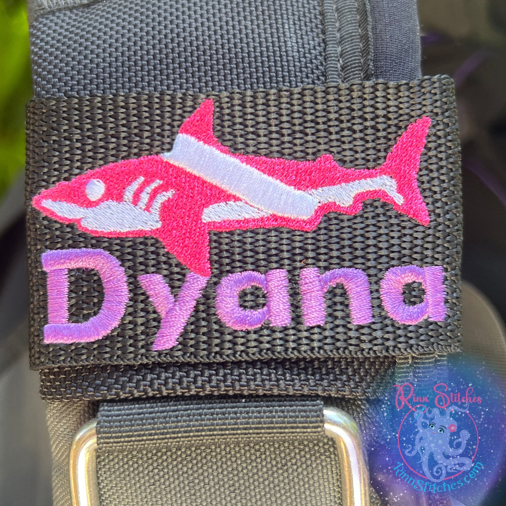 Pink Dive Flag Shark Personalized BCD Tag by Rinn Stitches on Maui, Hawaii