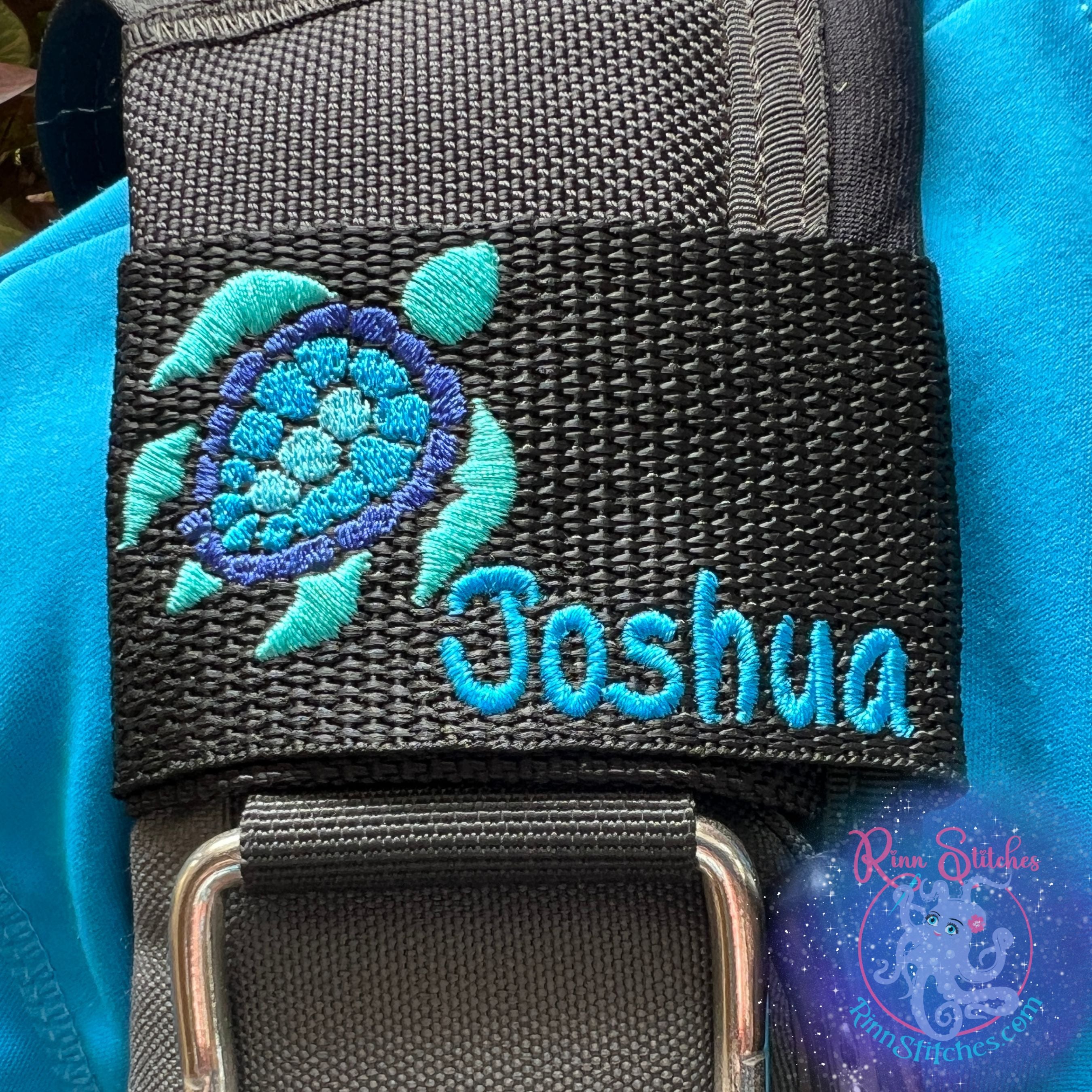 Sea Turtle Design Teal, Ocean, Blue Abyss Shell Personalized Embroidered BCD Tag by Rinn Stitches on Maui, Hawaii