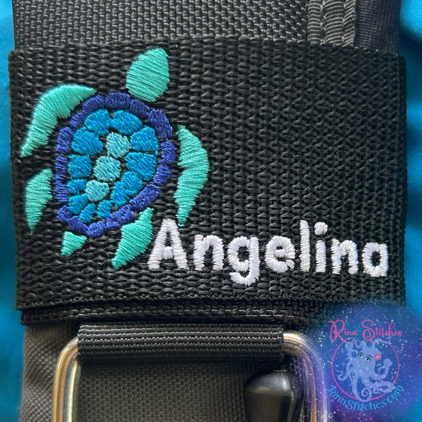 Sea Turtle Design Teal, Ocean, Blue Abyss Shell Personalized Embroidered BCD Tag by Rinn Stitches on Maui, Hawaii