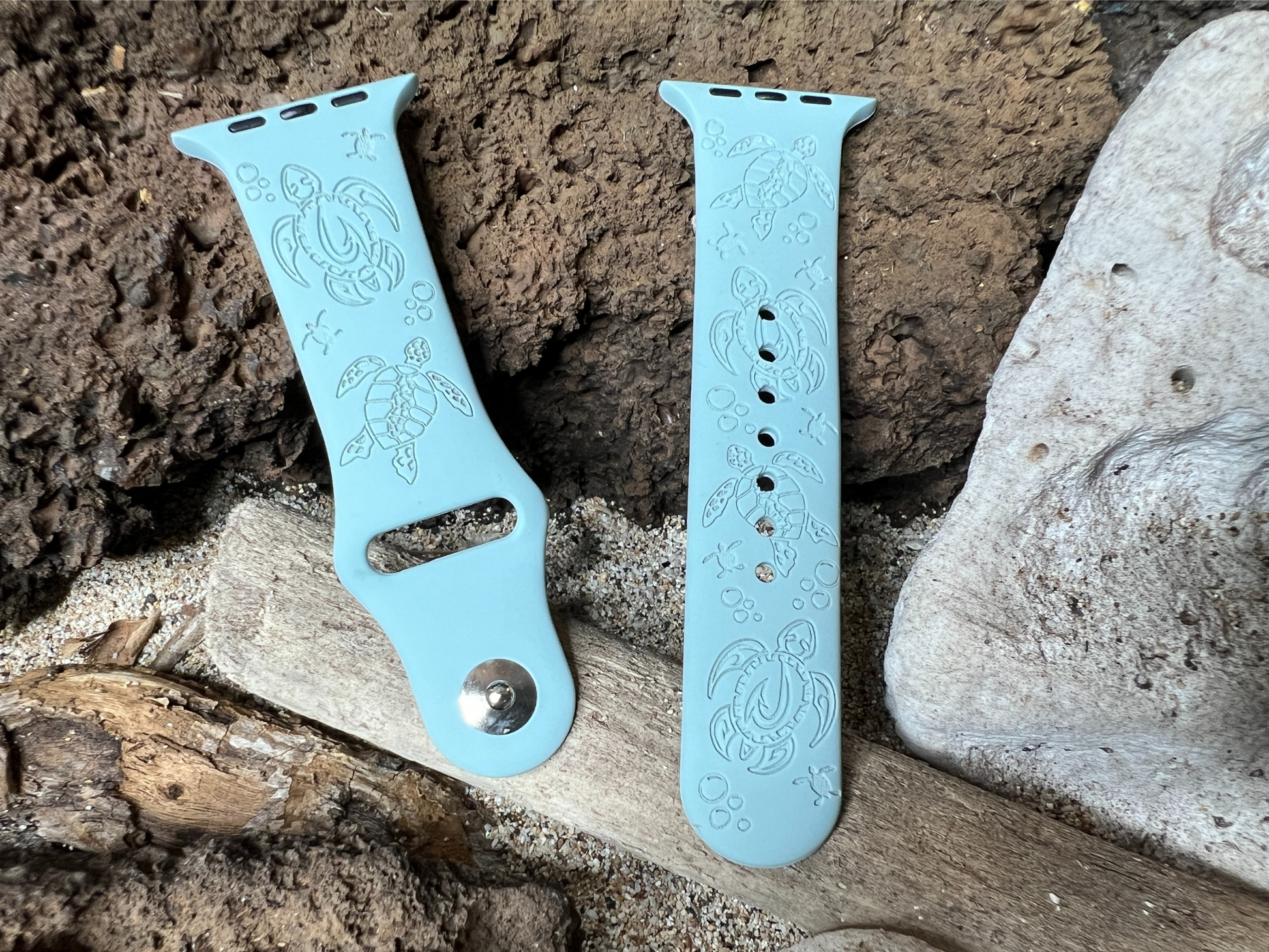 Hawaiian Sea Turtles (Honu) Laser Engraved Silicone Watch Band compatible with Apple Watch all series designed and sold by Rinn Stitches in Maui, Hawaii