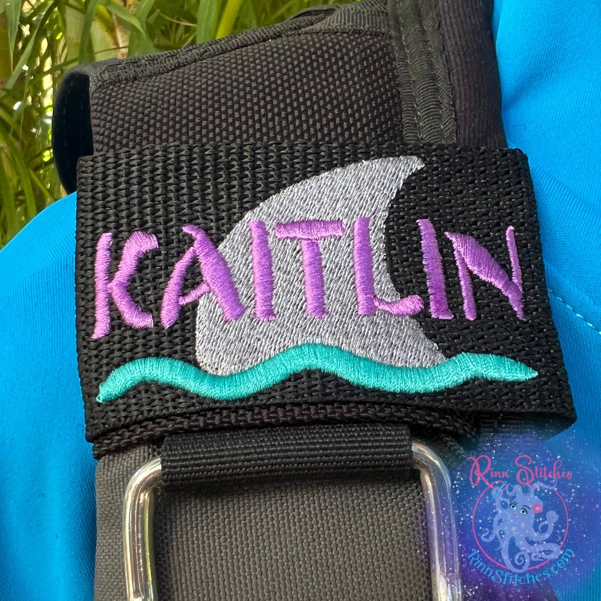 Shark Fin Personalized BCD Tag By Rinn Stitches on Maui, Hawaii
