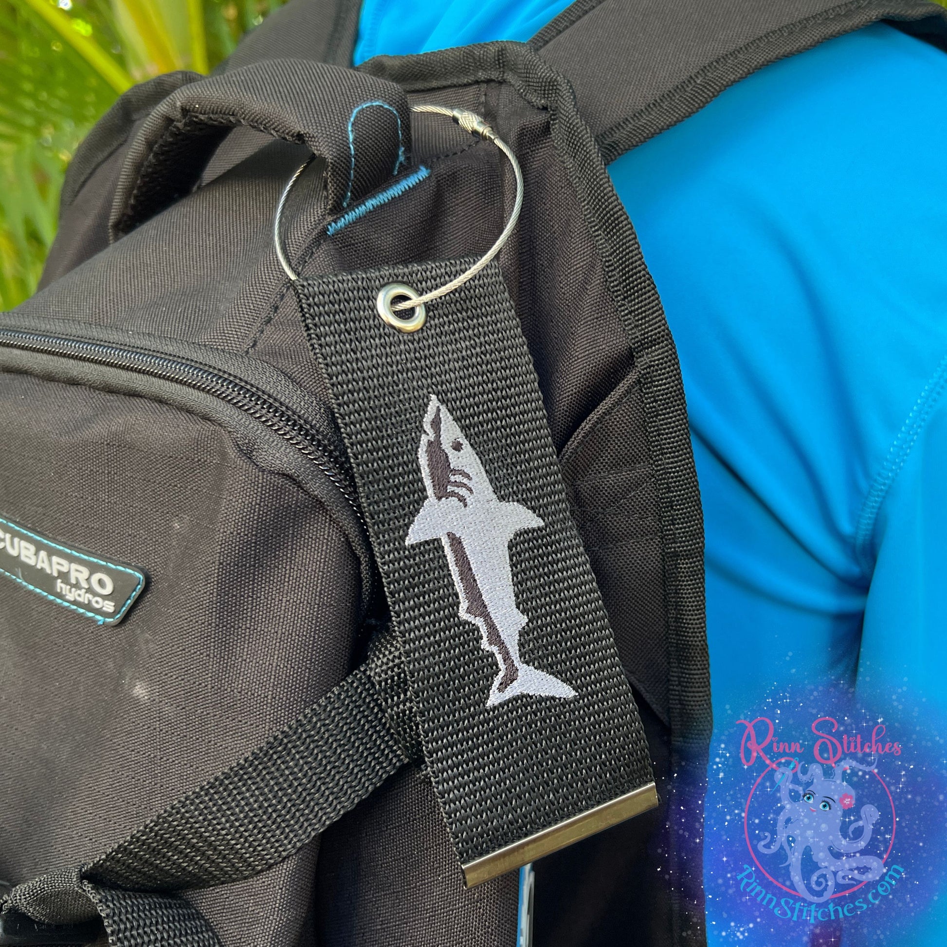 Silver Shark Luggage Tag, Personalized Embroidered Bag Tag for all your Travel needs by Rinn Stitches on Maui, Hawaii