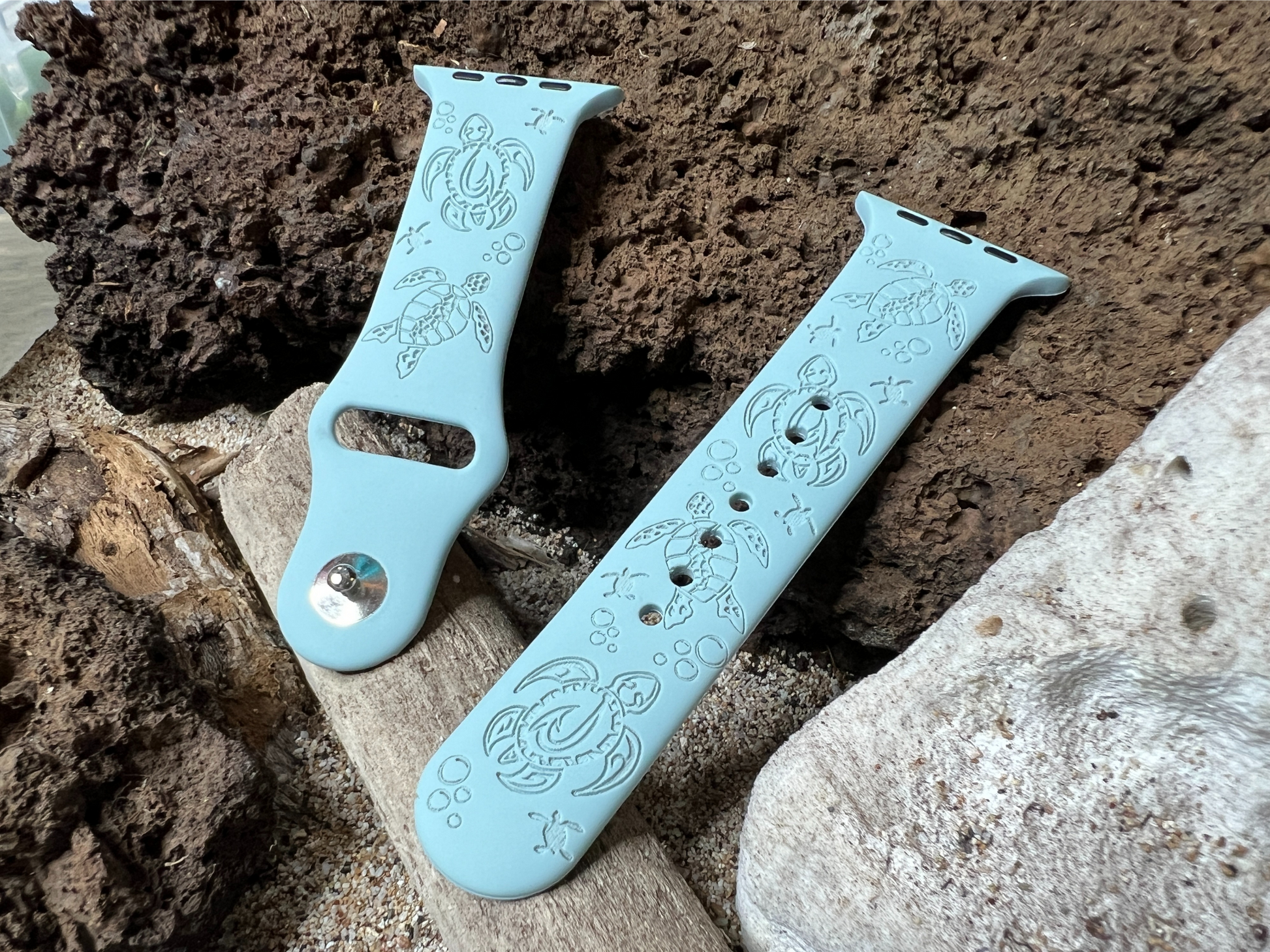 Hawaiian Sea Turtles (Honu) Laser Engraved Silicone Watch Band compatible with Apple Watch all series designed and sold by Rinn Stitches in Maui, Hawaii