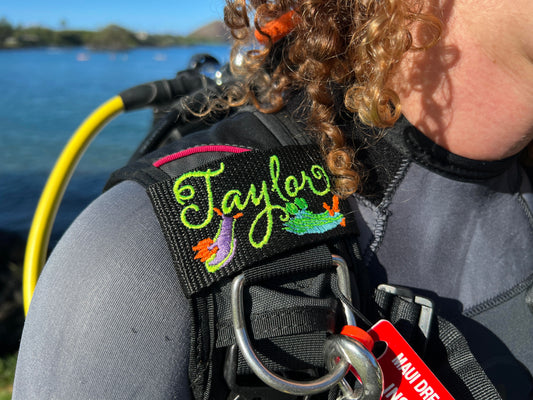Neon Nudis | Personalized & Customizable Scuba Diver BCD Identification Tag | Scuba Diver Gift | Made on Maui | Scuba Diver Gift | Rinn Stitches Creative & Unique Embroidery
