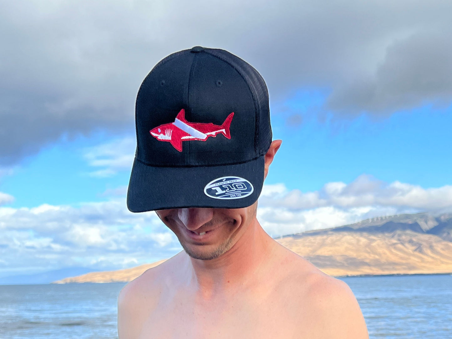 Dive Flag Shark Embroidered Baseball Cap | Adjustable Snap-back hat | Scuba Diver Gift | Diving Hat Made on Maui by Rinn Stitches Creative & Unique Embroidery