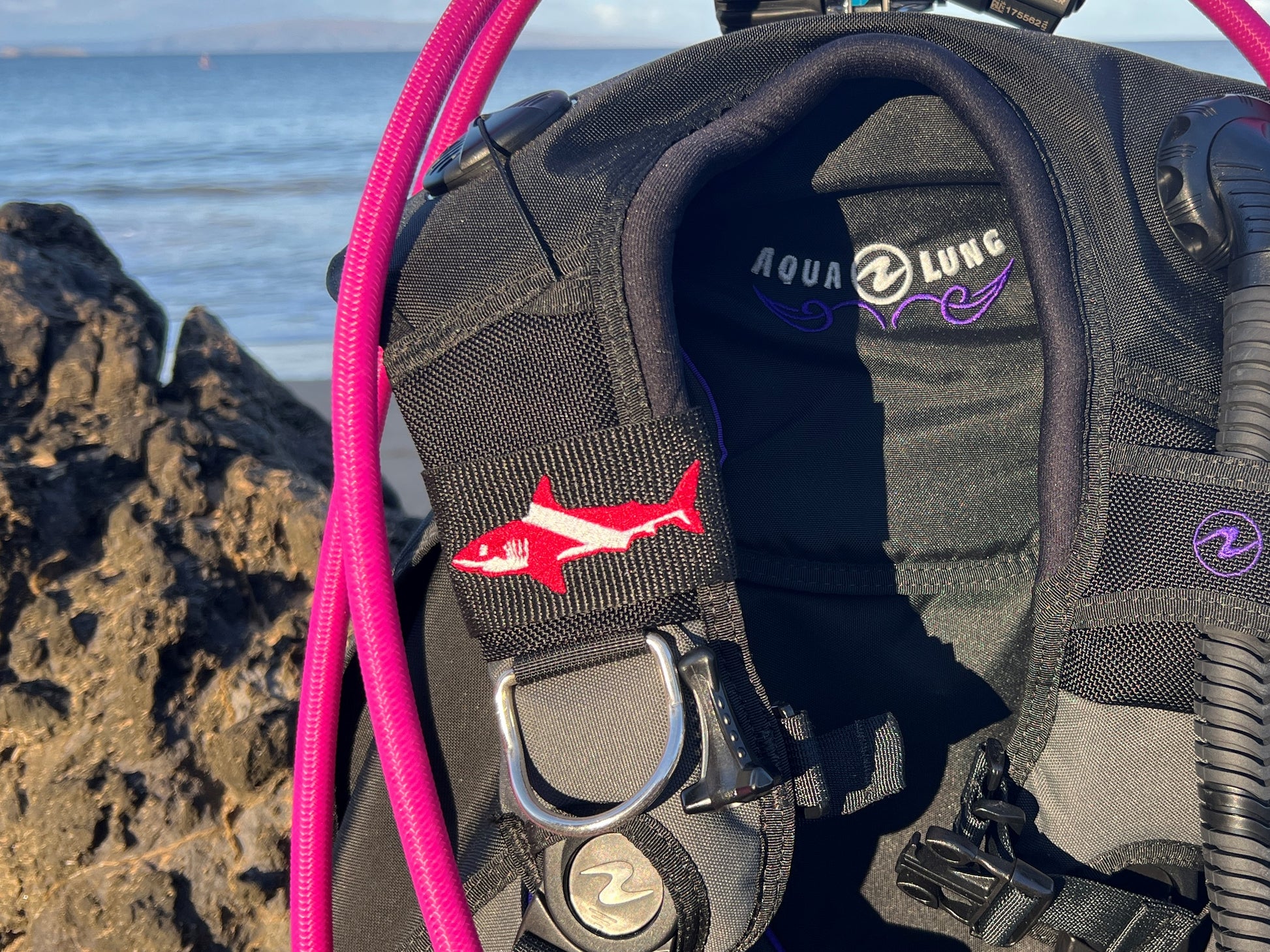 Dive Flag Shark Scuba Diver BCD Identification Tag | Scuba Diver Gift | Made on Maui by Rinn Stitches Creative & Unique Embroidery
